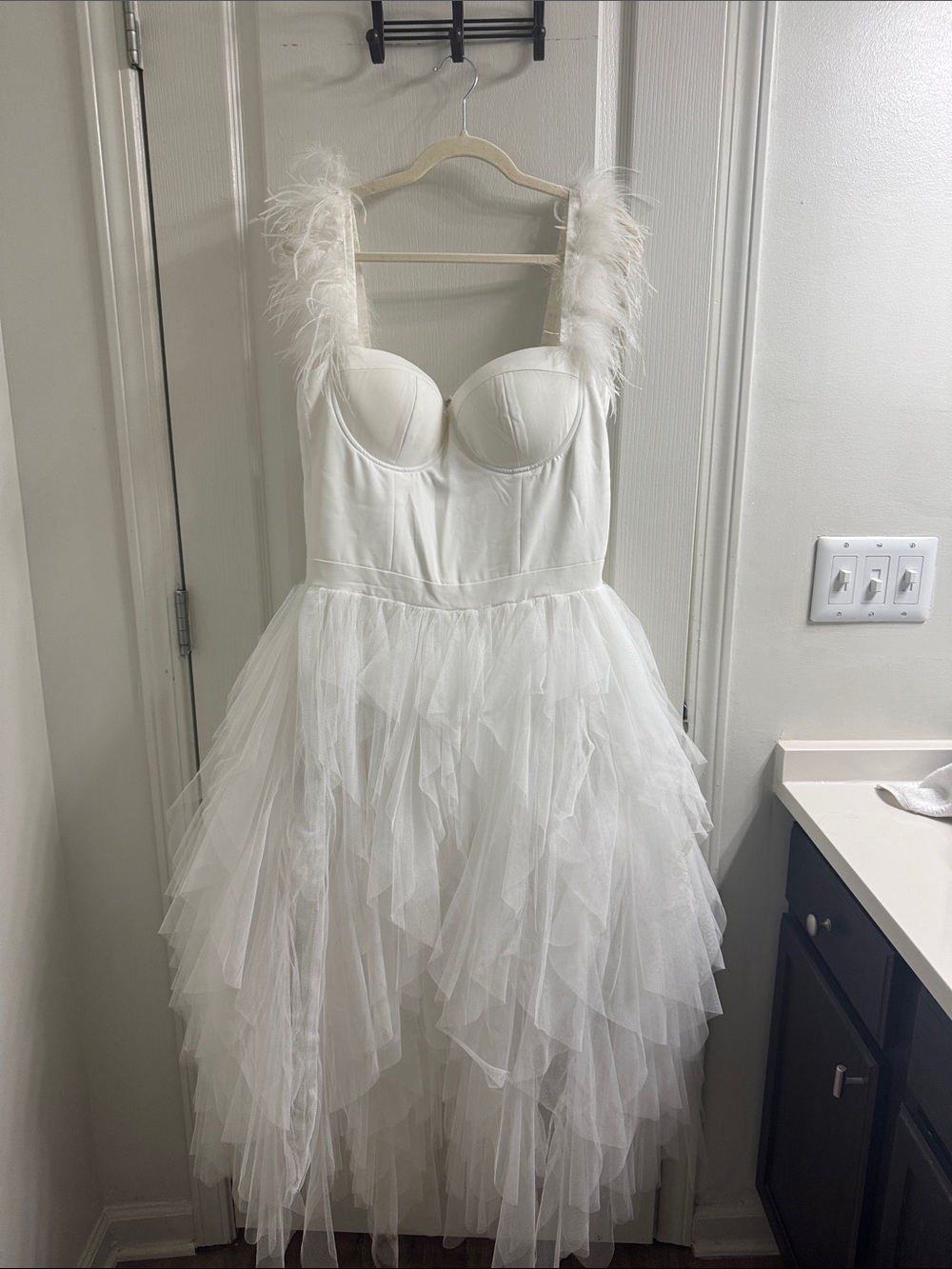 Fashion Nova White Feather-Trim Tulle Party Dress